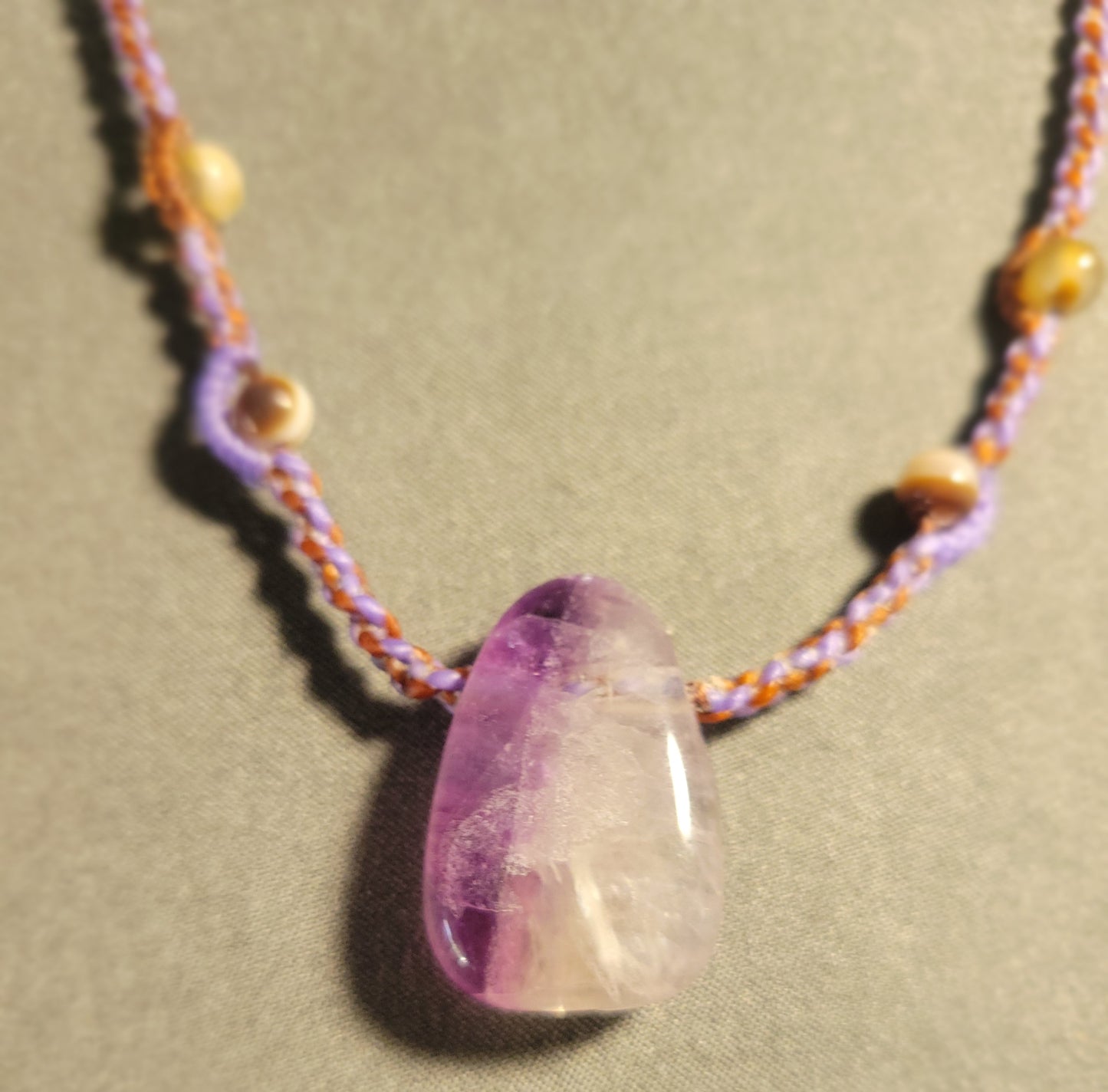 Amethyst Necklace – Minimalist Boho Hippie Braided Cord with polished amethyst gemstone and stone bead accents.