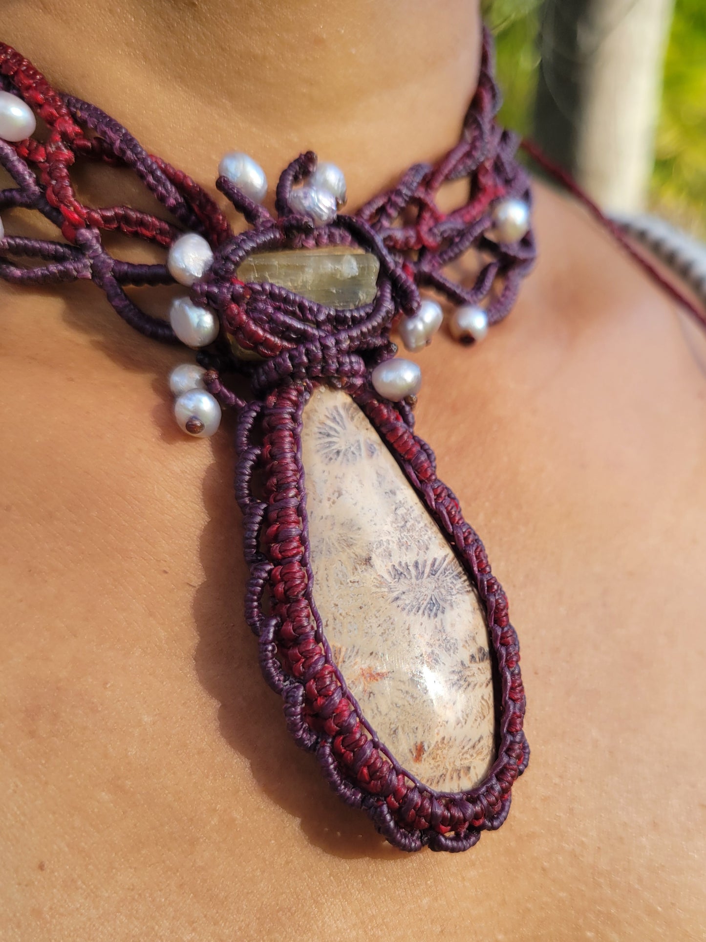 Handmade macramé fossil coral necklace with quartz