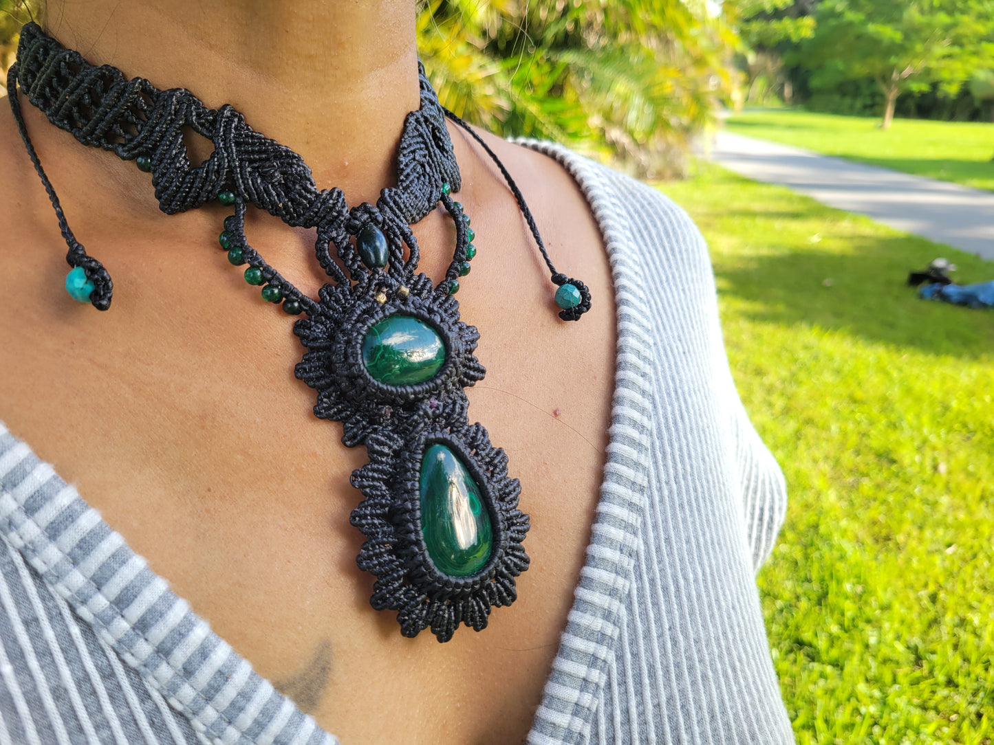 Boho malachite necklace with dual stone design