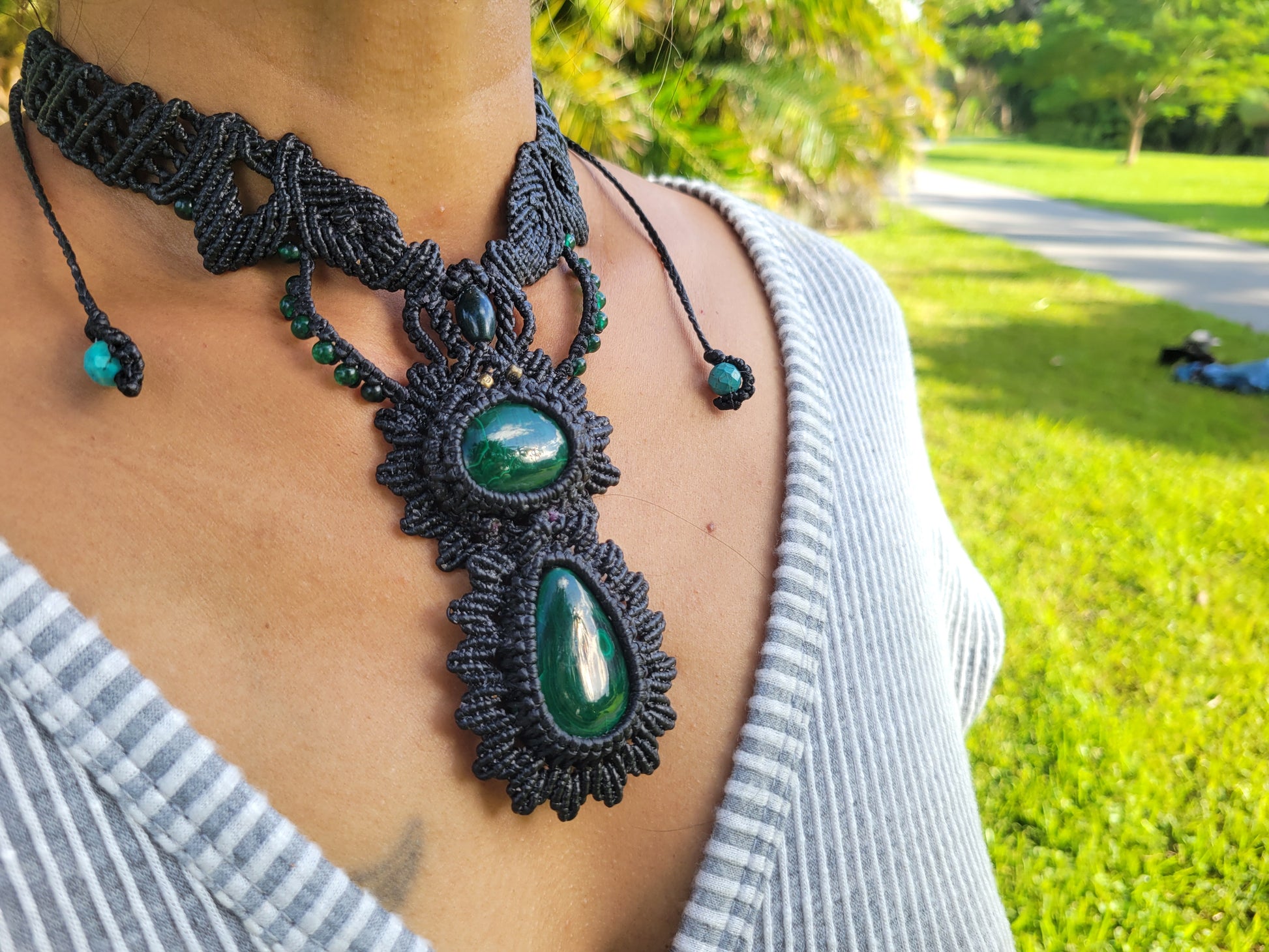Boho malachite necklace with dual stone design