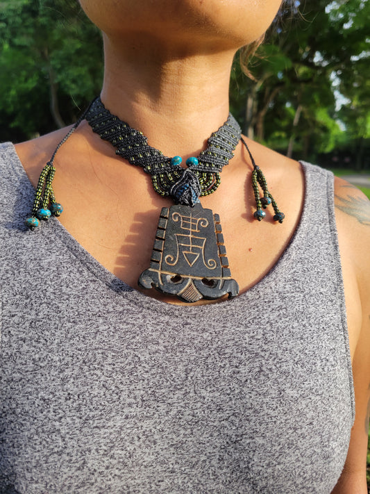 Rare Vintage Black Jade Veve Pendant Necklace-African Amulet