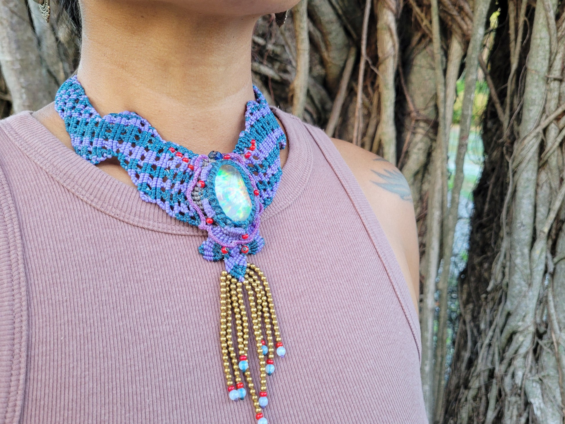 Opal Choker – Blue & Purple Handmade Boho Necklace worn, showcasing large opal stone and intricate design details.
