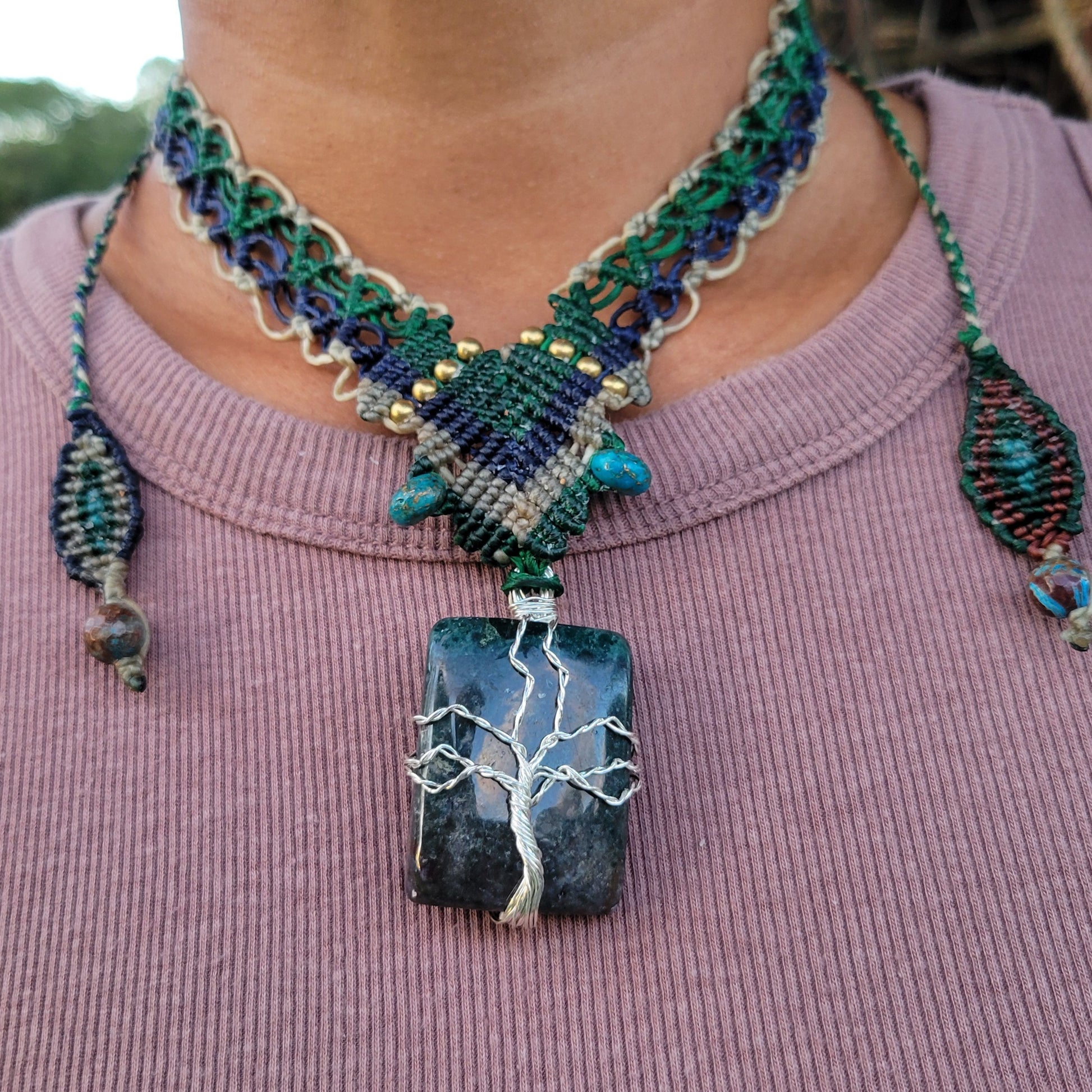 Amethyst Pendant Necklace – Tree of Life Boho Macramé Choker with wire design and colorful woven accents.