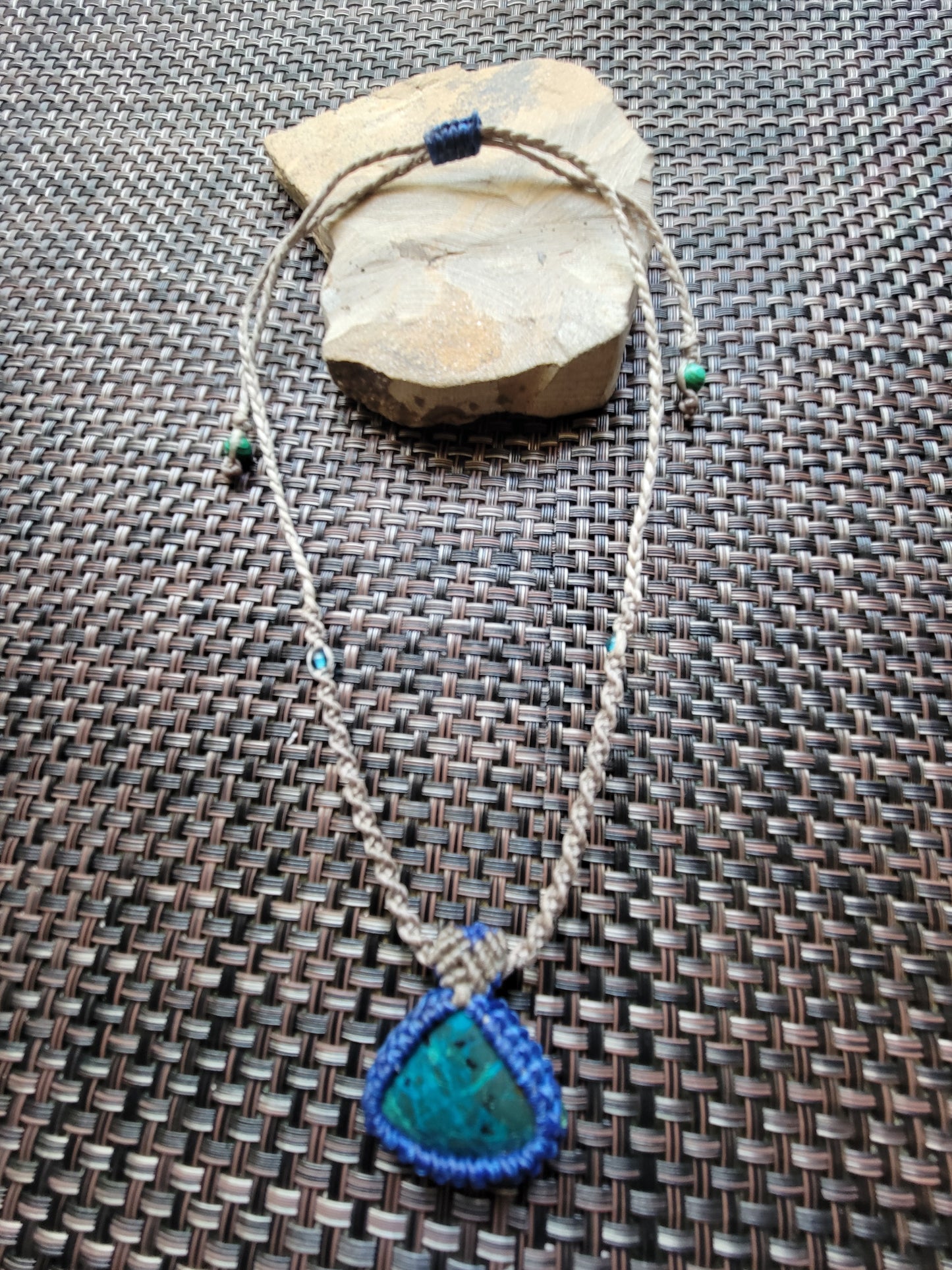 “Whispering Stone” – Small Triangular Chrysocolla Pendant Necklace, Blue Wrap with Light Brown Spiral Braid, Adjustable
