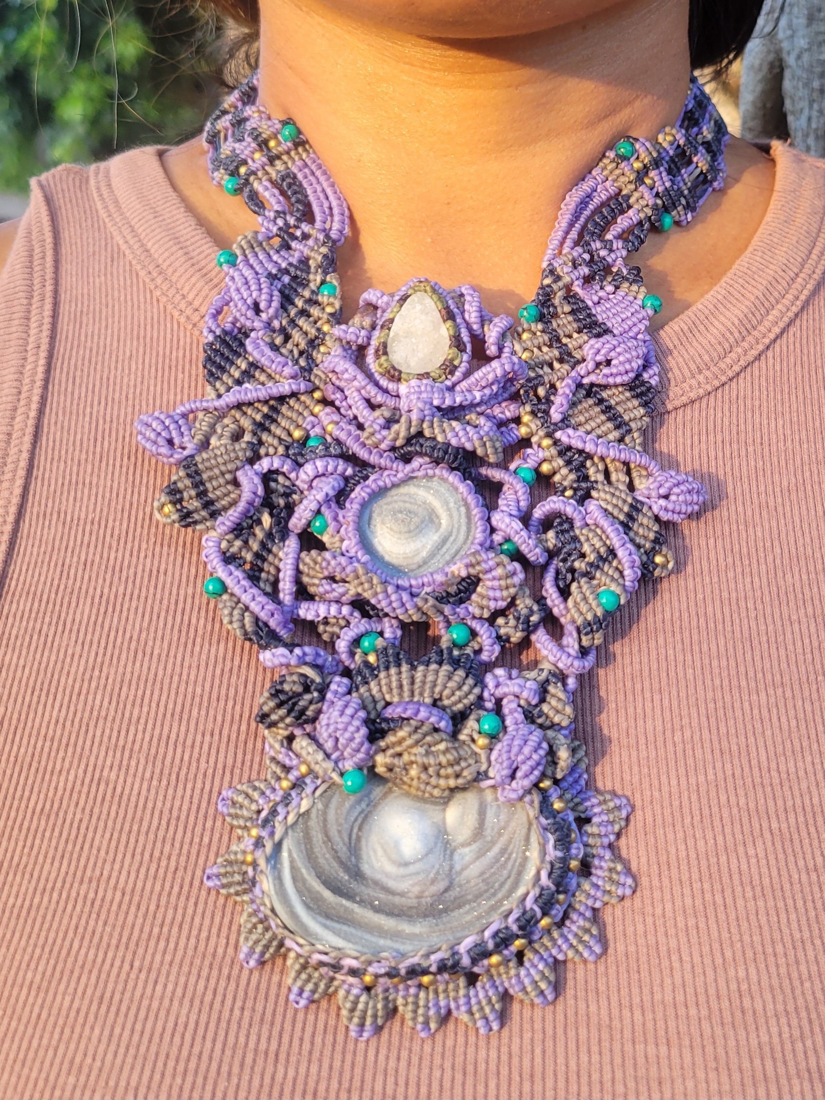 Agate Necklace featuring triple druzy agate pendants with macramé cords and antique brass accents.
