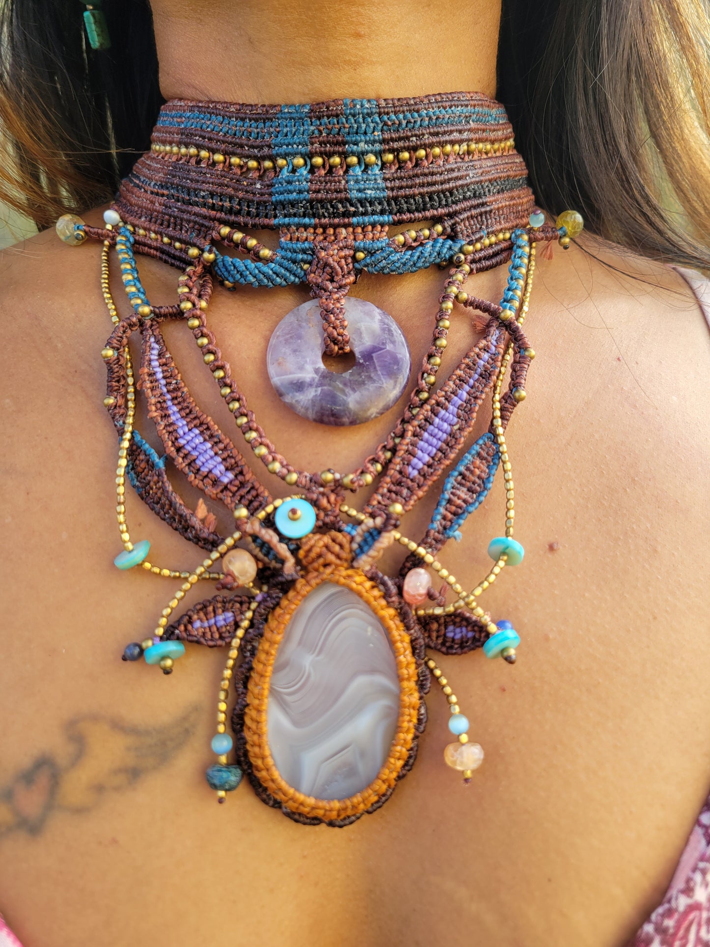 Tribal Jewelry – Ornate woven boho chestplate choker made of macramé with agate and amethyst accents.