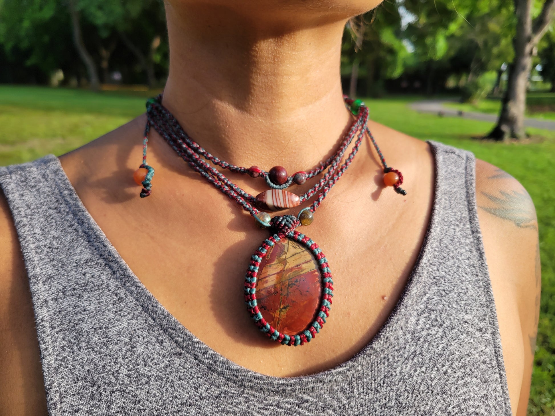 Adjustable Cherry Creek Jasper Pendant Necklace earthy boho style