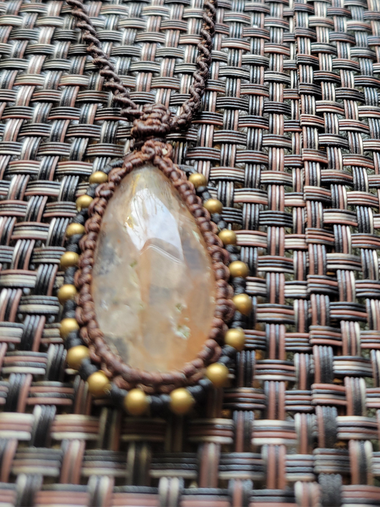 Pink Plume Agate Pendant Necklace – Handcrafted Teardrop Stone with Brass Accents