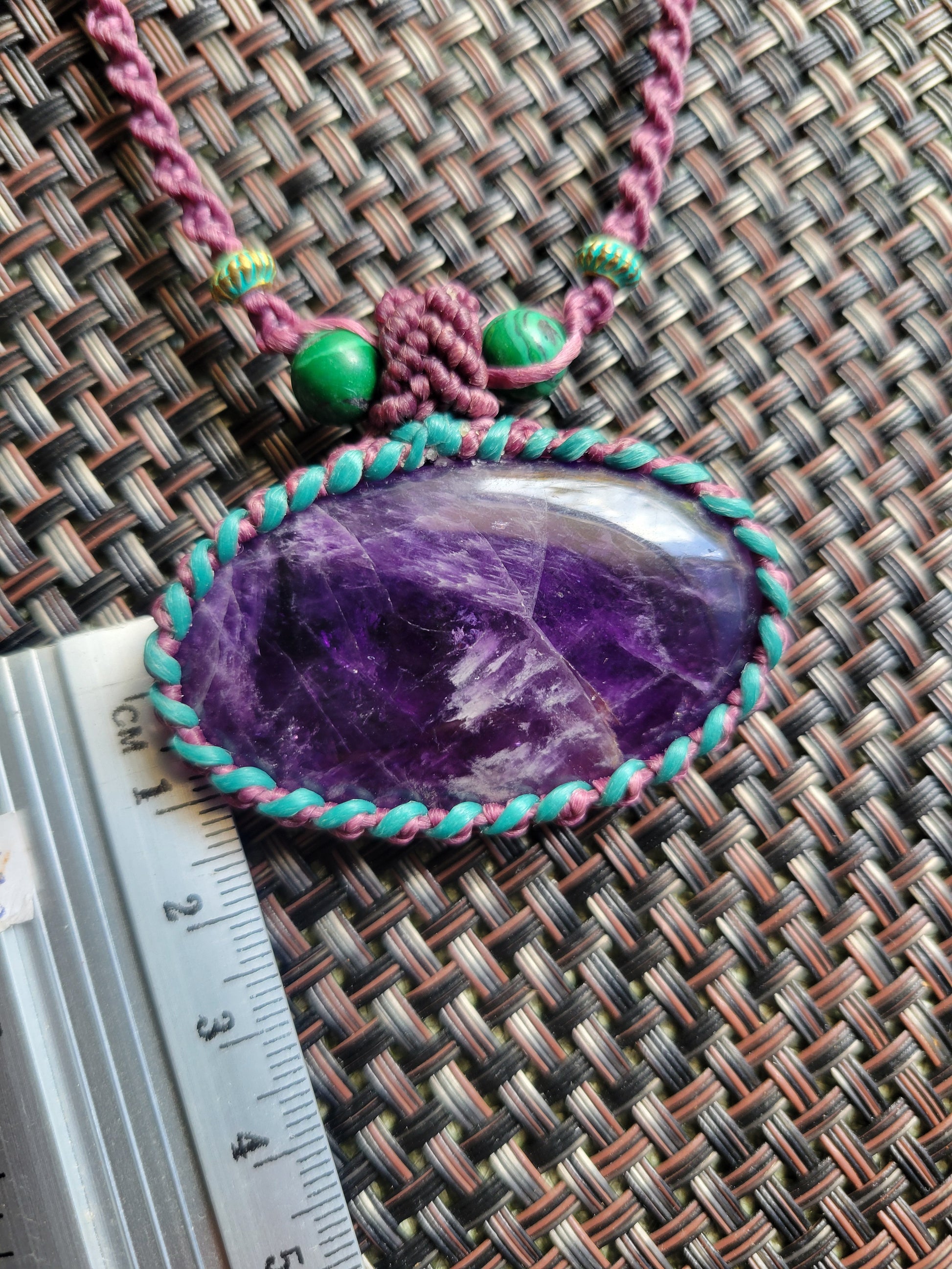 Boho Amethyst Pendant Necklace with aquamarine and brown cord