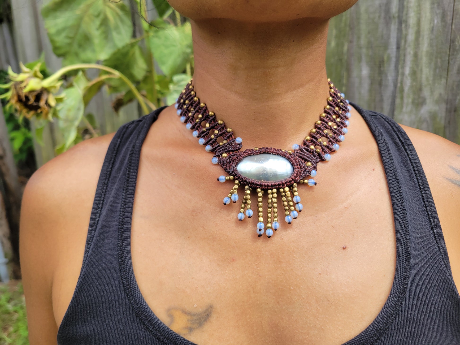 Handmade Ocean Jewelry necklace with cascading brass accents