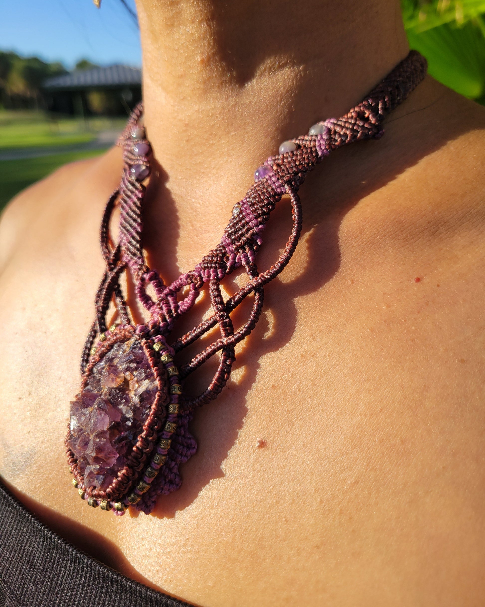 Handmade Amethyst Crystal Jewelry macrame necklace with beads