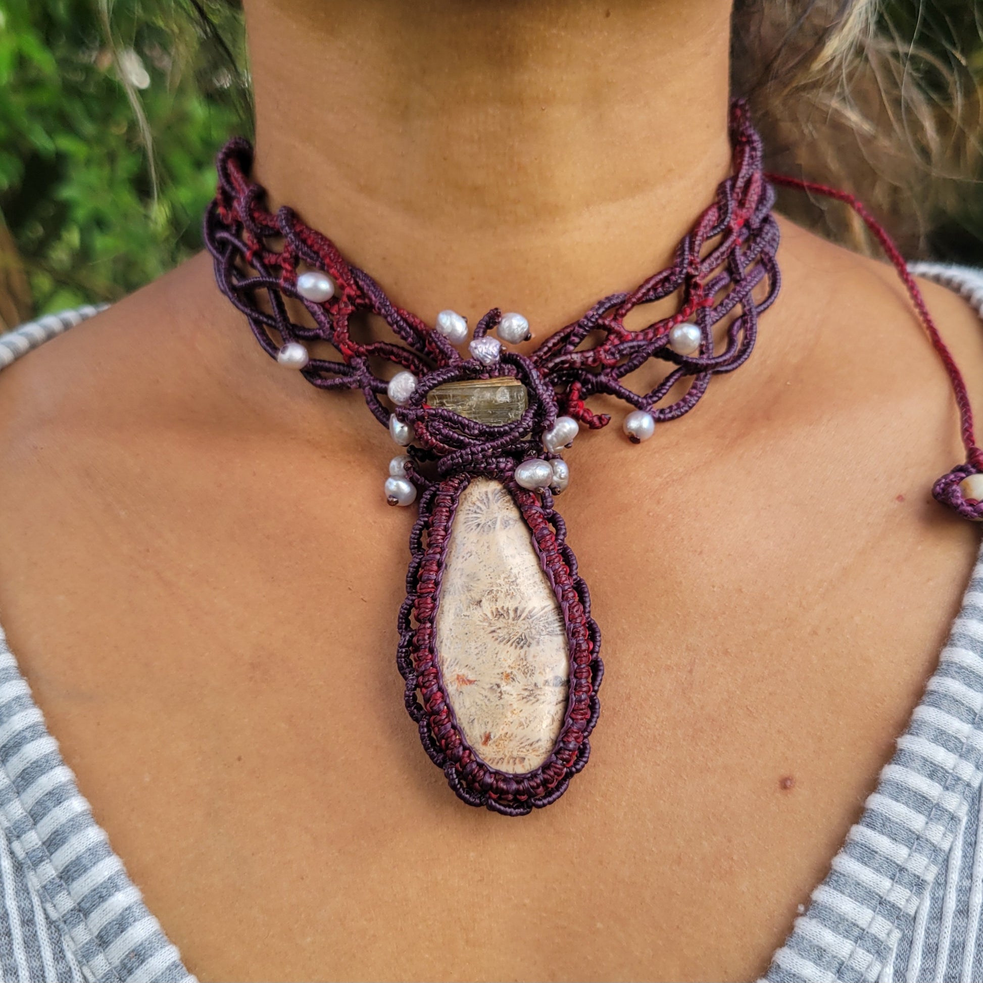 Fossil jewelry choker with coral pendant and pearls