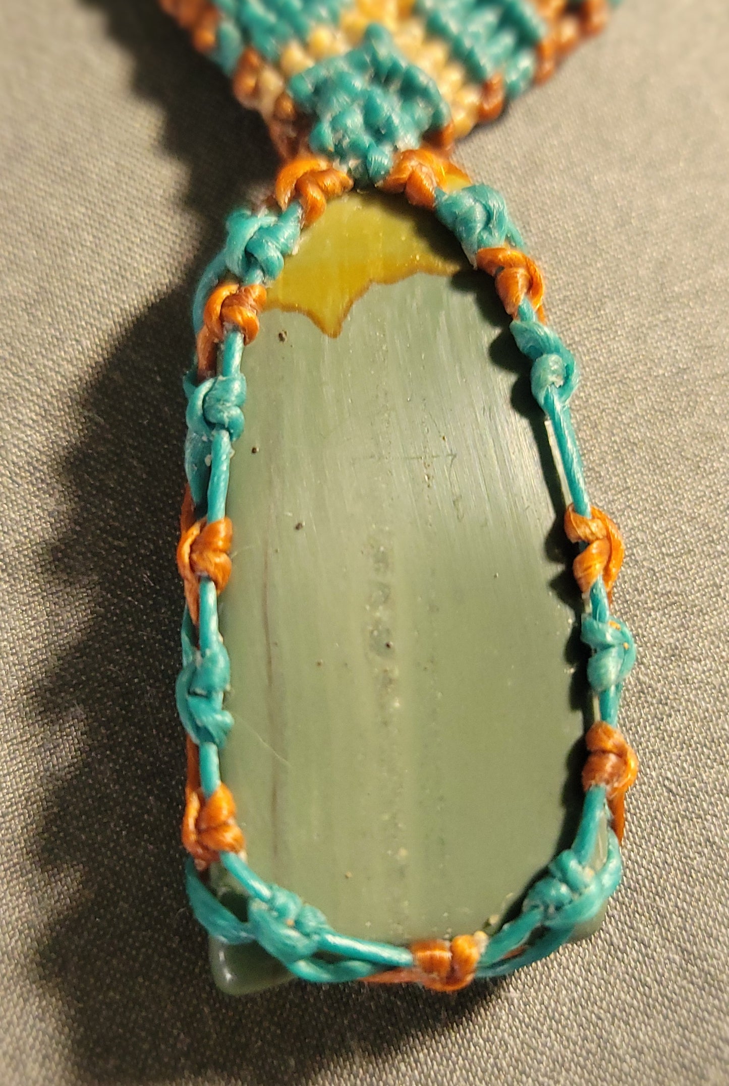 Jasper Stone Jewelry featuring a natural Picture Jasper pendant in macramé choker with turquoise and orange accents.