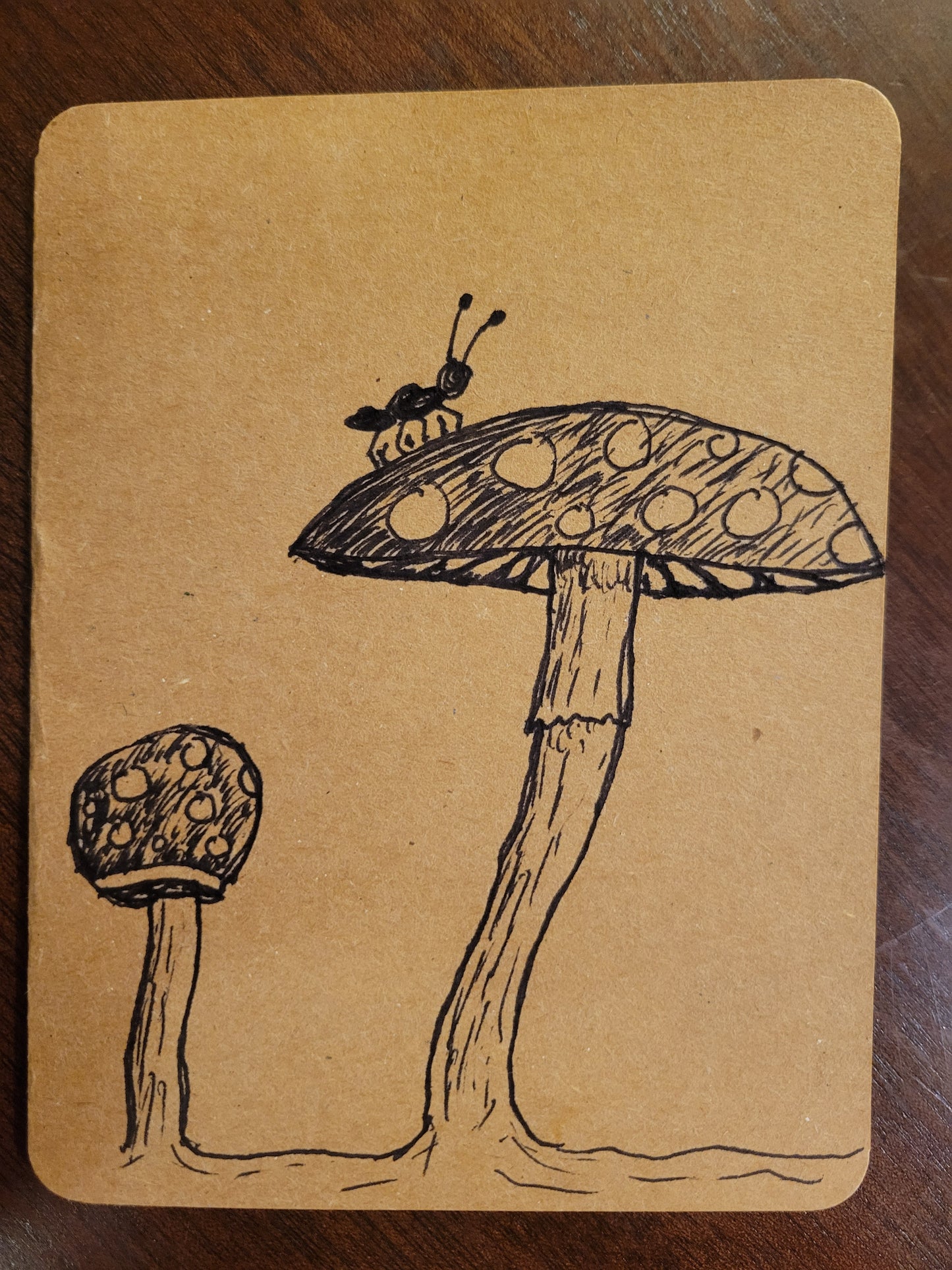 Handmade Cards featuring original artwork of whimsical mushrooms and an ant explorer from the Fungal Ant Series.