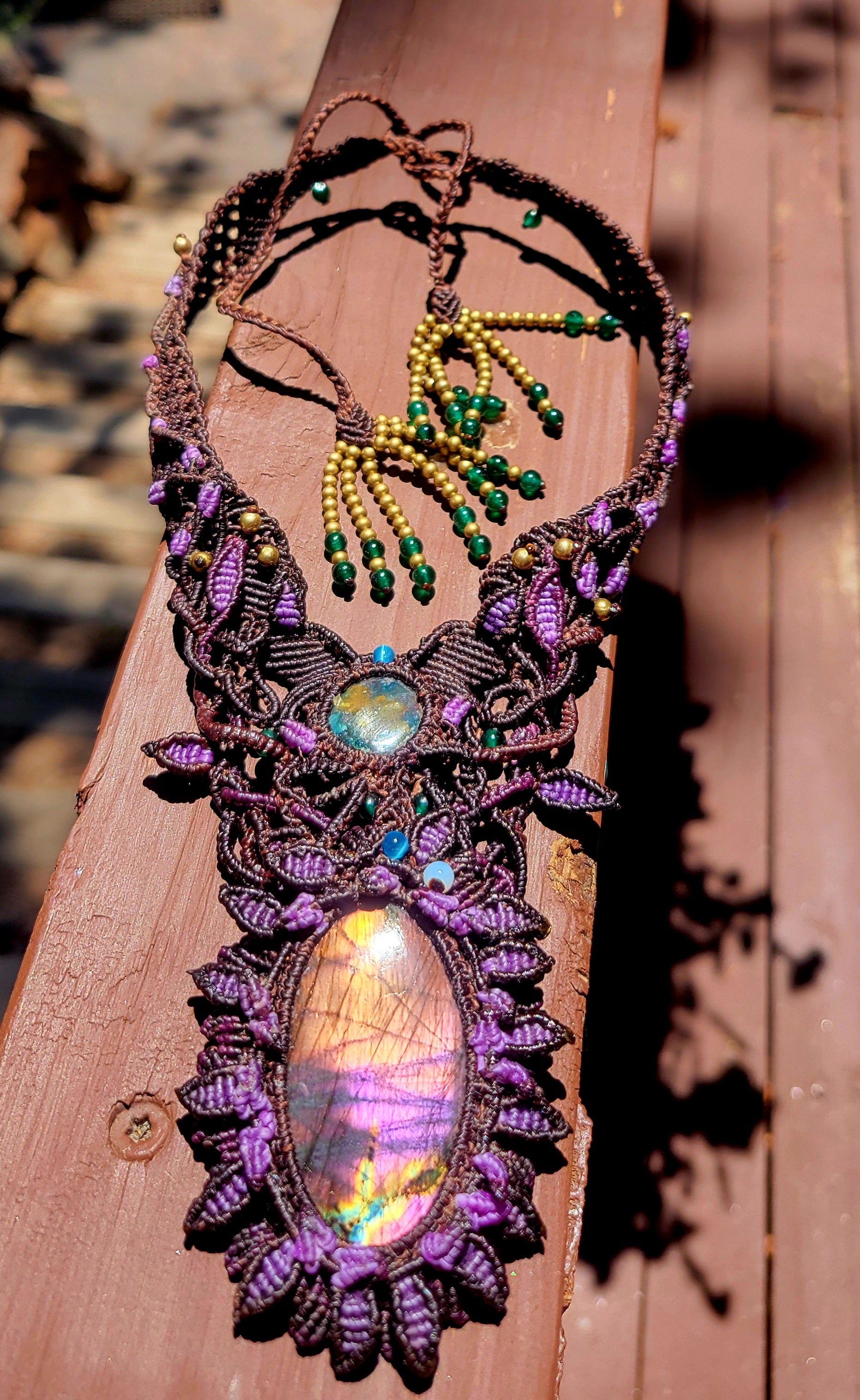 Labradorite Pendant Necklace – Enchanted Forest Crown featuring intricate micromacramé and vibrant gemstones.