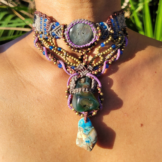 Labradorite Necklace with multistrand pink and purple braided cords