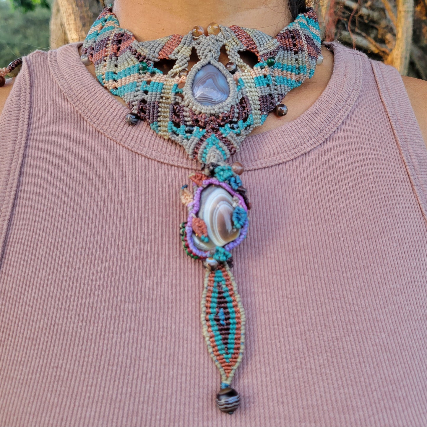 Botswana Agate earthy double-pendant boho tribal choker with macramé detailing and multicolor agate accents.