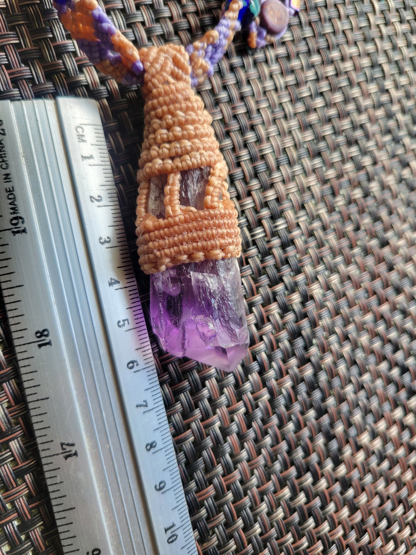 “Sacred Bloom” – Raw Amethyst Crystal Pendant Necklace, Purple & Tan Woven Cord with Blue Beads, Adjustable Feminine Jewelry