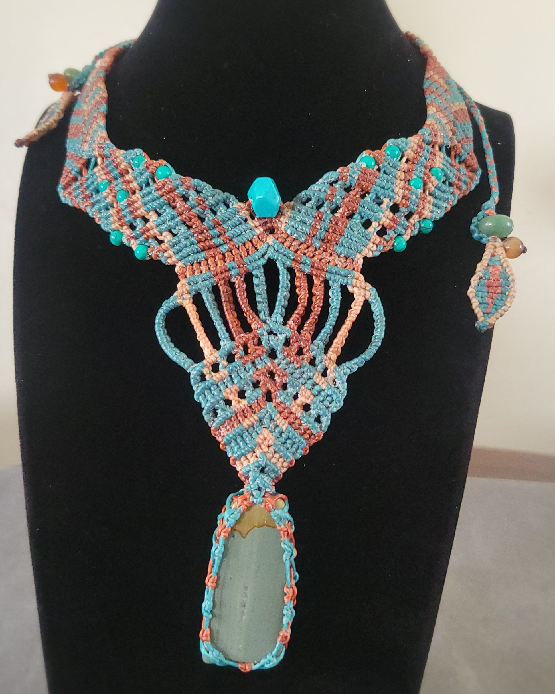 Jasper Stone Jewelry – Handmade macramé choker with natural Picture Jasper and ocean-inspired accents.