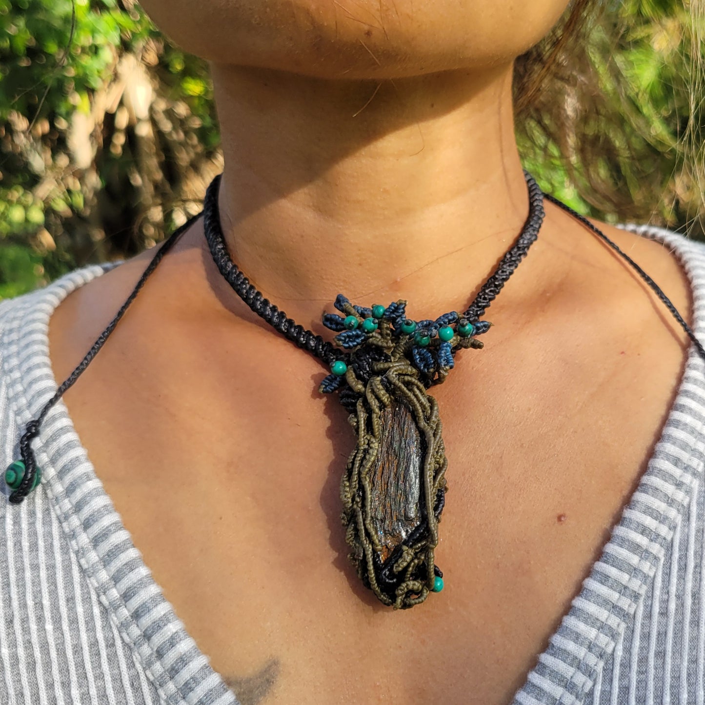 Handmade hematite necklace with forest macramé design