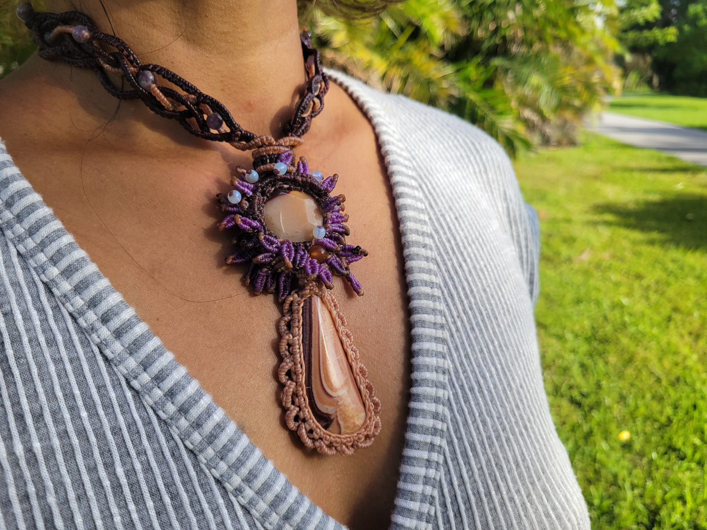 Polychrome jasper and shell double pendant macramé choker