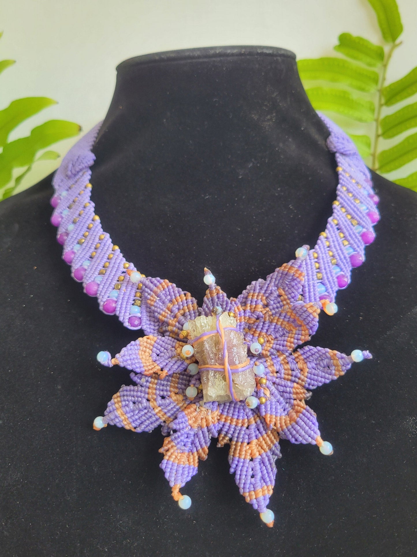 Purple Fluorite Macramé Choker – Handcrafted Floral Design with Phosphosiderite Accents
