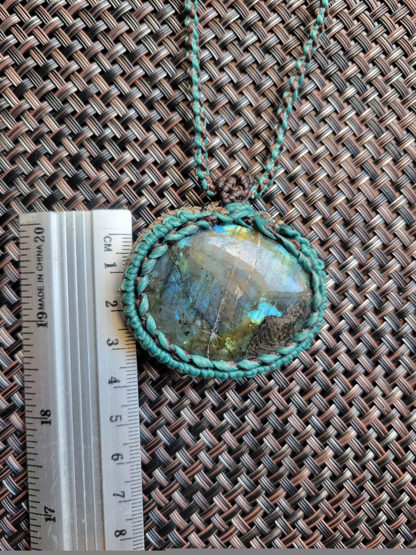 “Stormlight” – Oval Labradorite Pendant Necklace, Aquamarine & Dark Brown Cord, Adjustable with Stone Beads