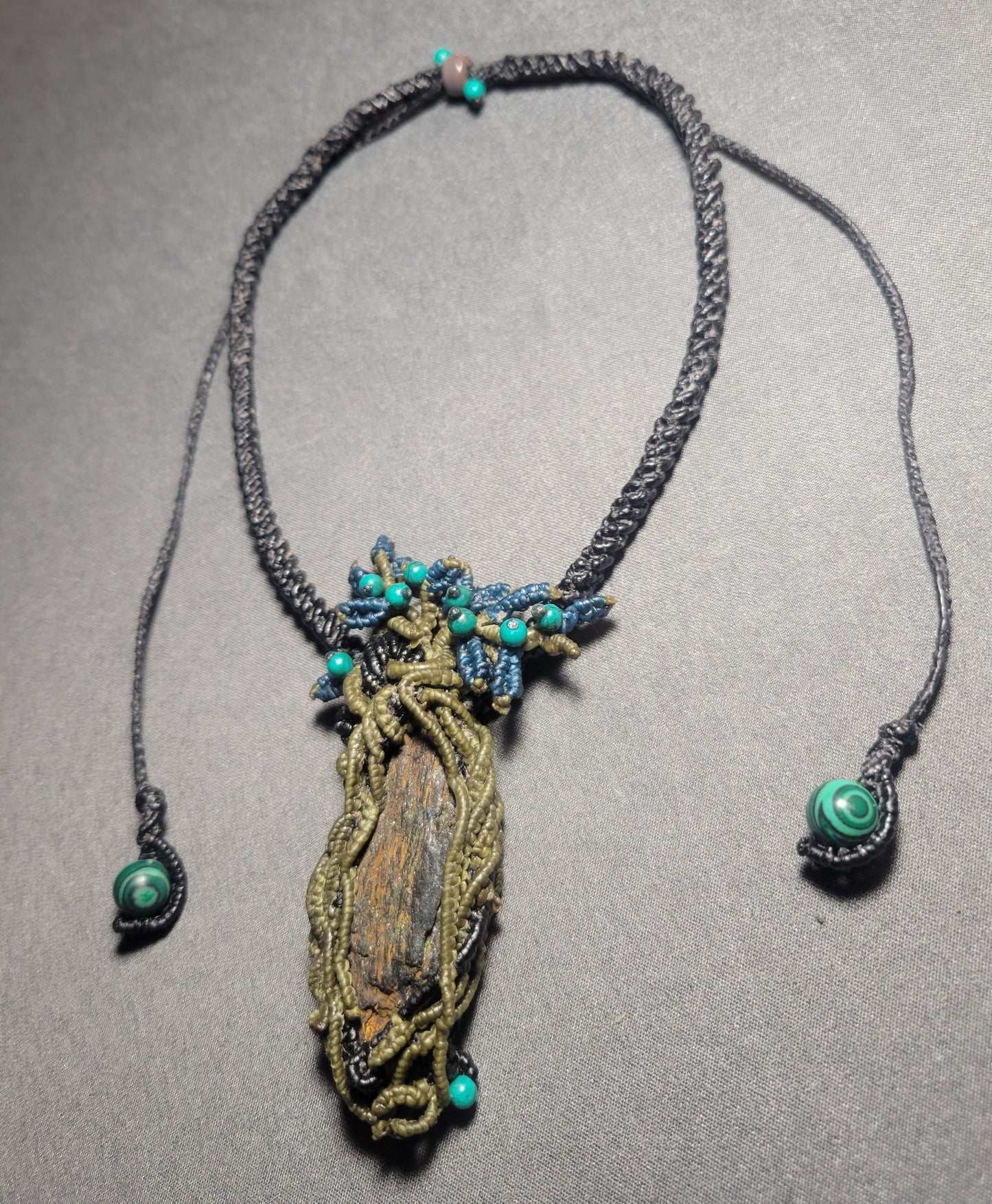 Celtic druid style hematite choker with macramé flowers