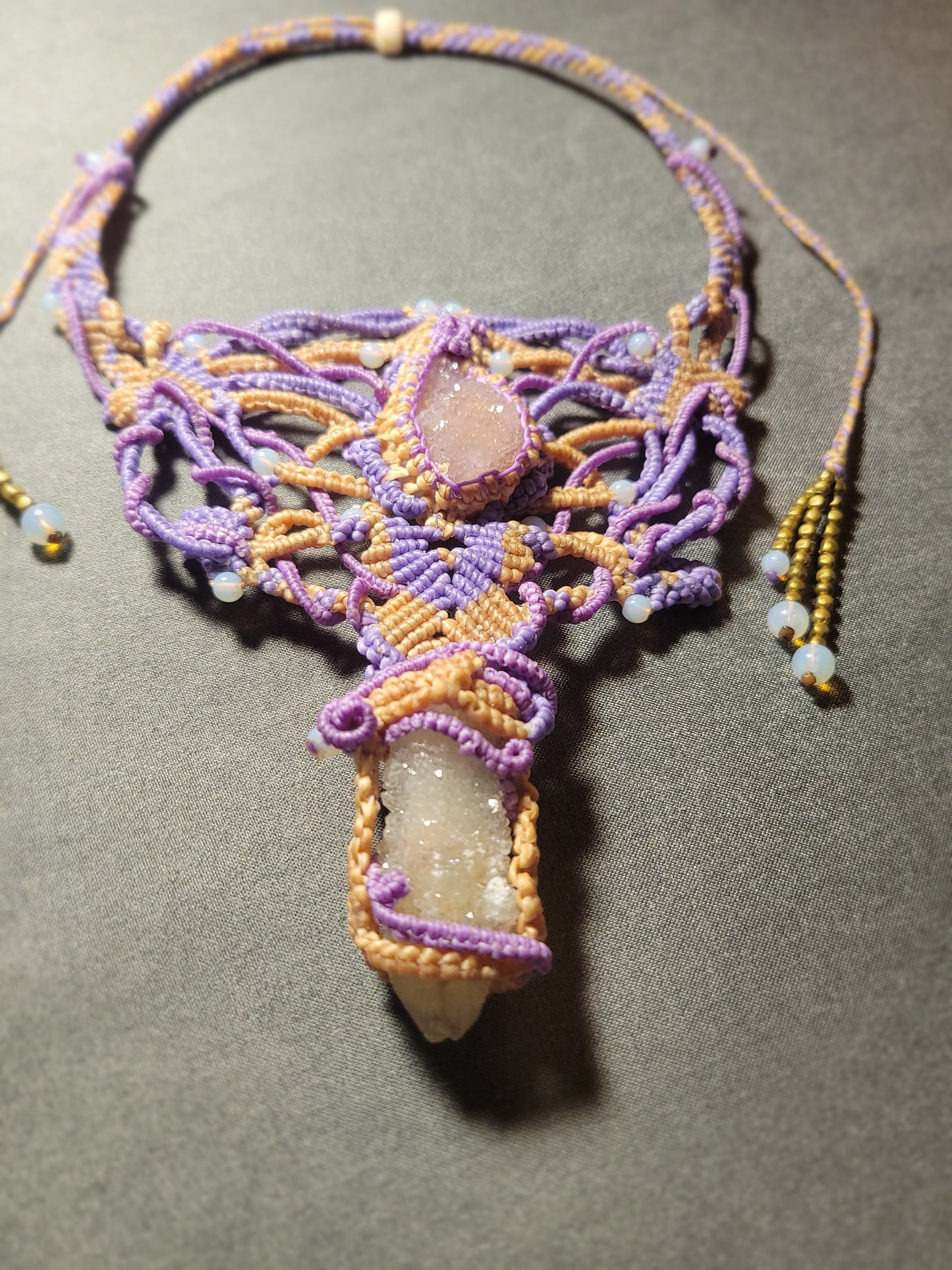 Psychedelic Double Druzy Quartz Choker Macramé Necklace Purple & Beige