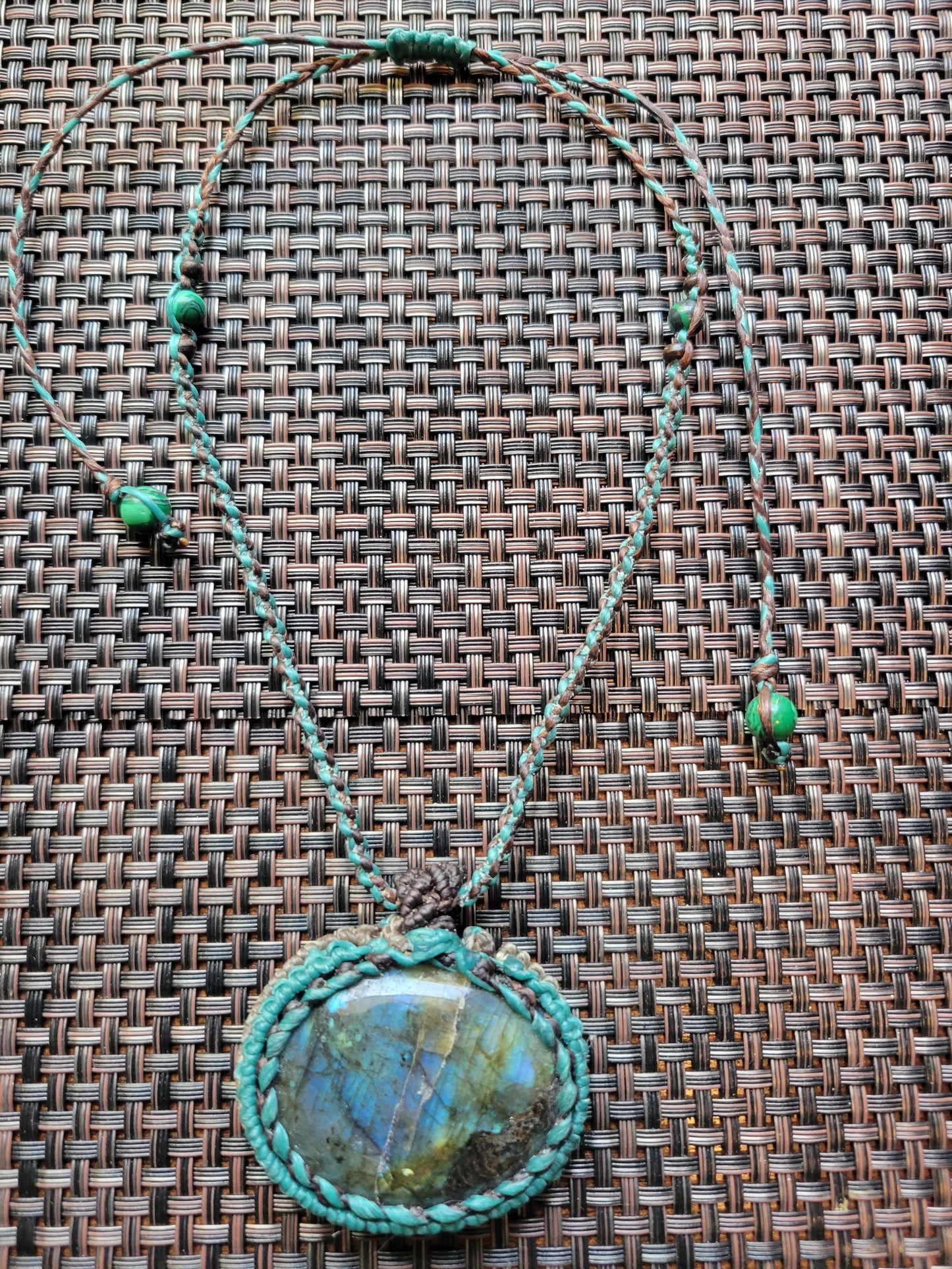 “Stormlight” – Oval Labradorite Pendant Necklace, Aquamarine & Dark Brown Cord, Adjustable with Stone Beads