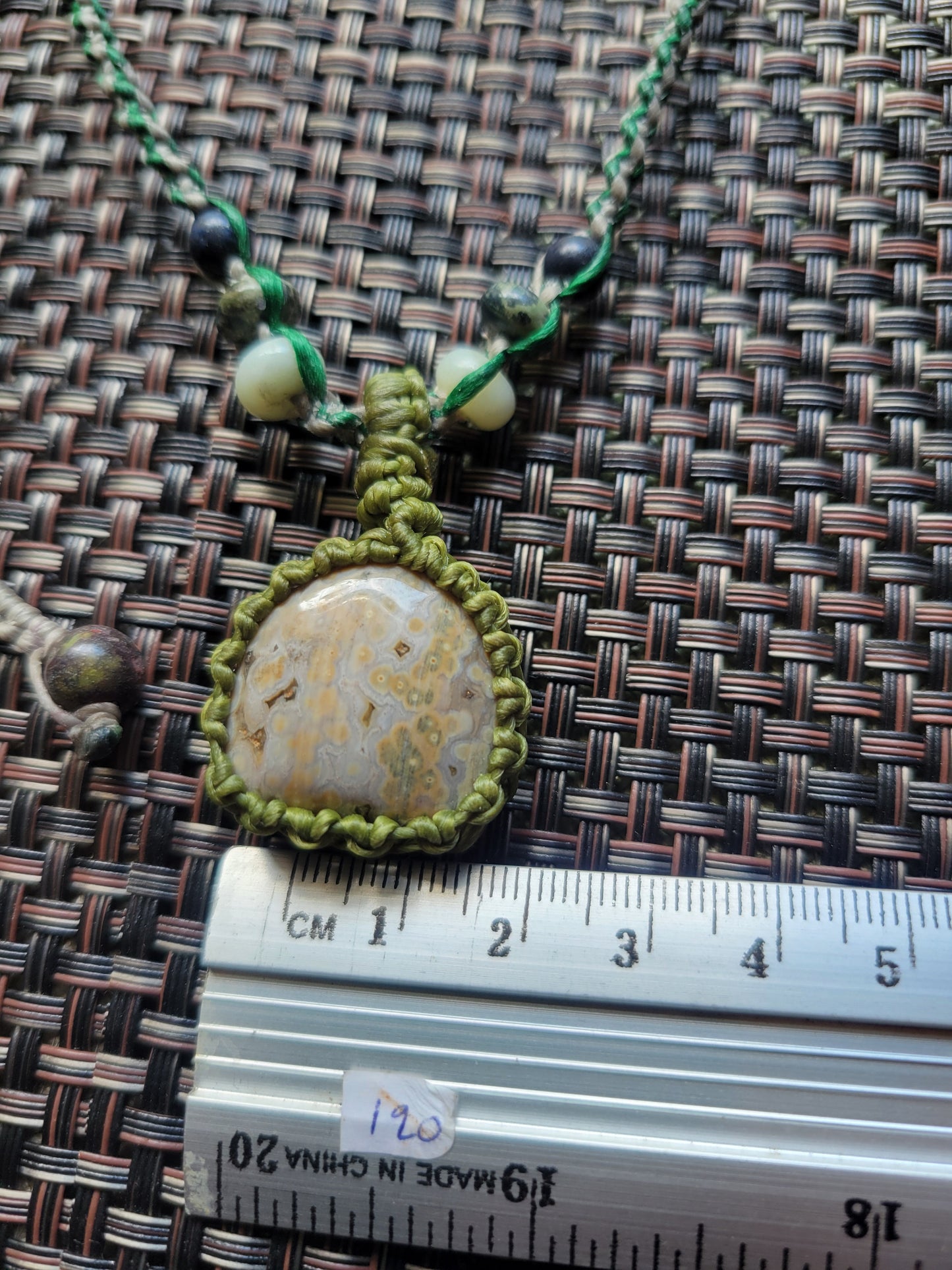 “Soft Earth” – Cream Jasper Pendant Necklace, Light & Dark Green Macramé with Stone Beads, Adjustable for All Ages