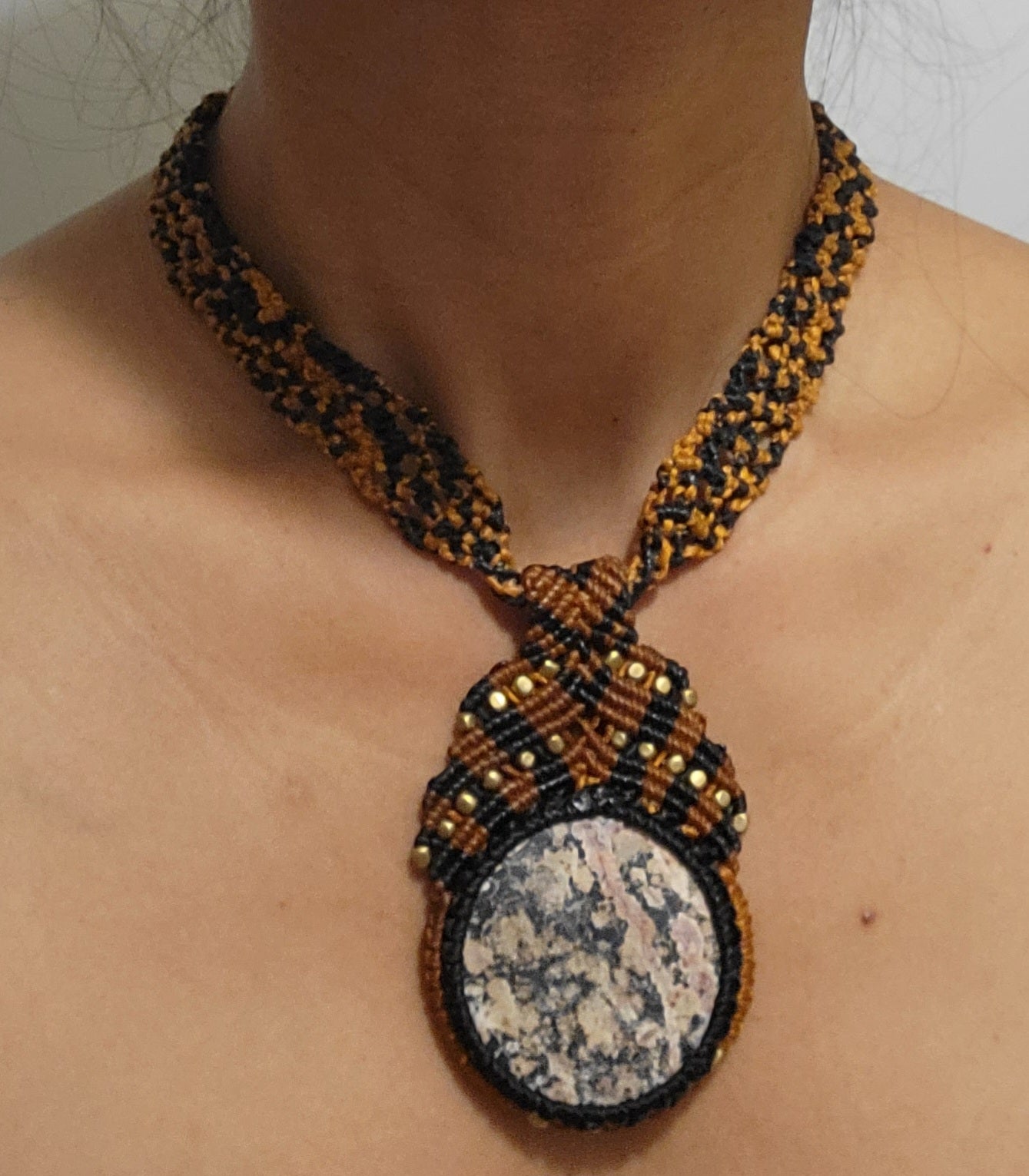 Ocean Jasper Choker with Intricate Micromacramé & Brass Beads - Women's Necklace