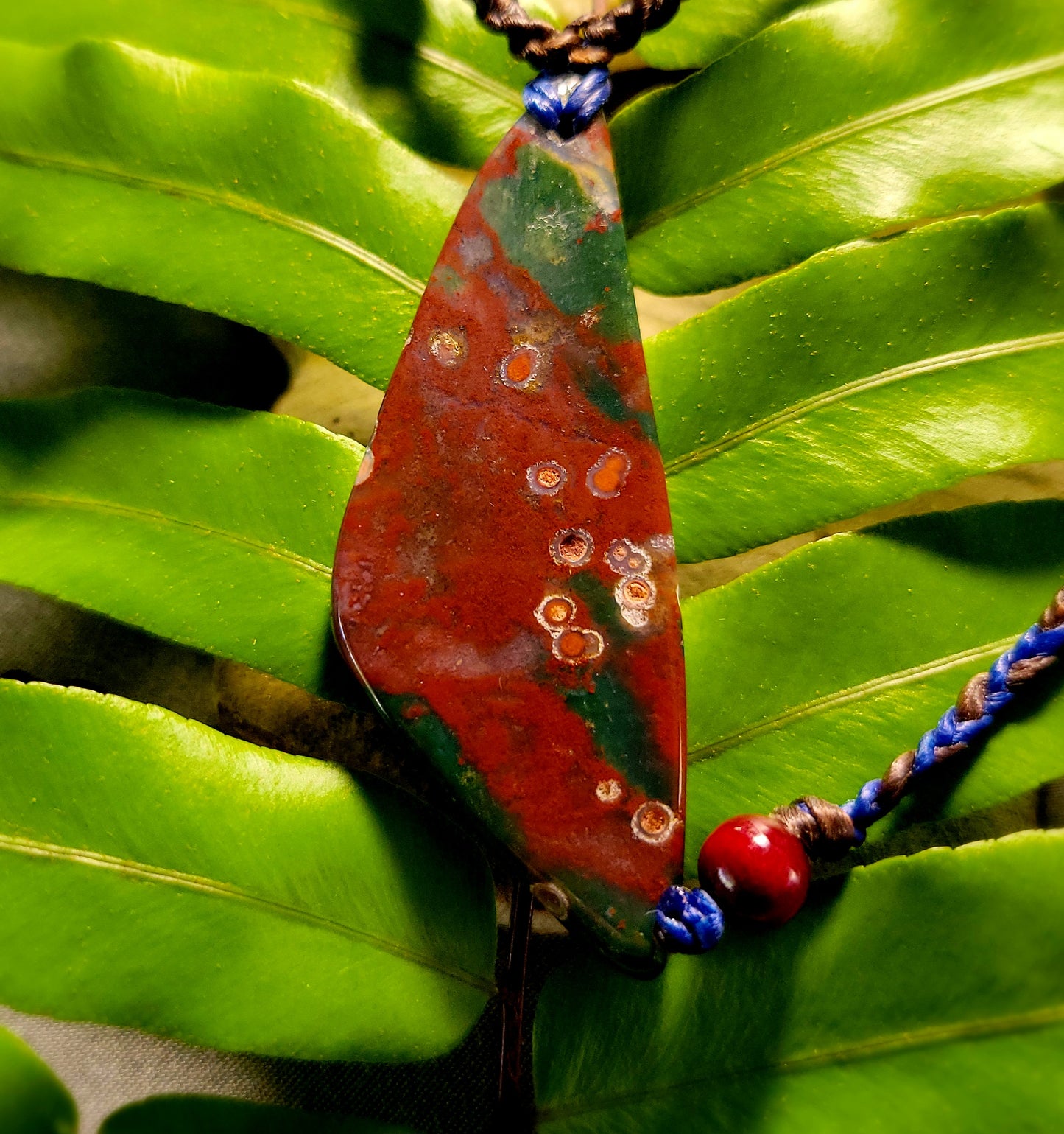 Bloodstone Pendant – The Watcher Stone on green leaves, showcasing natural dark red stone with white orbicular patterns.