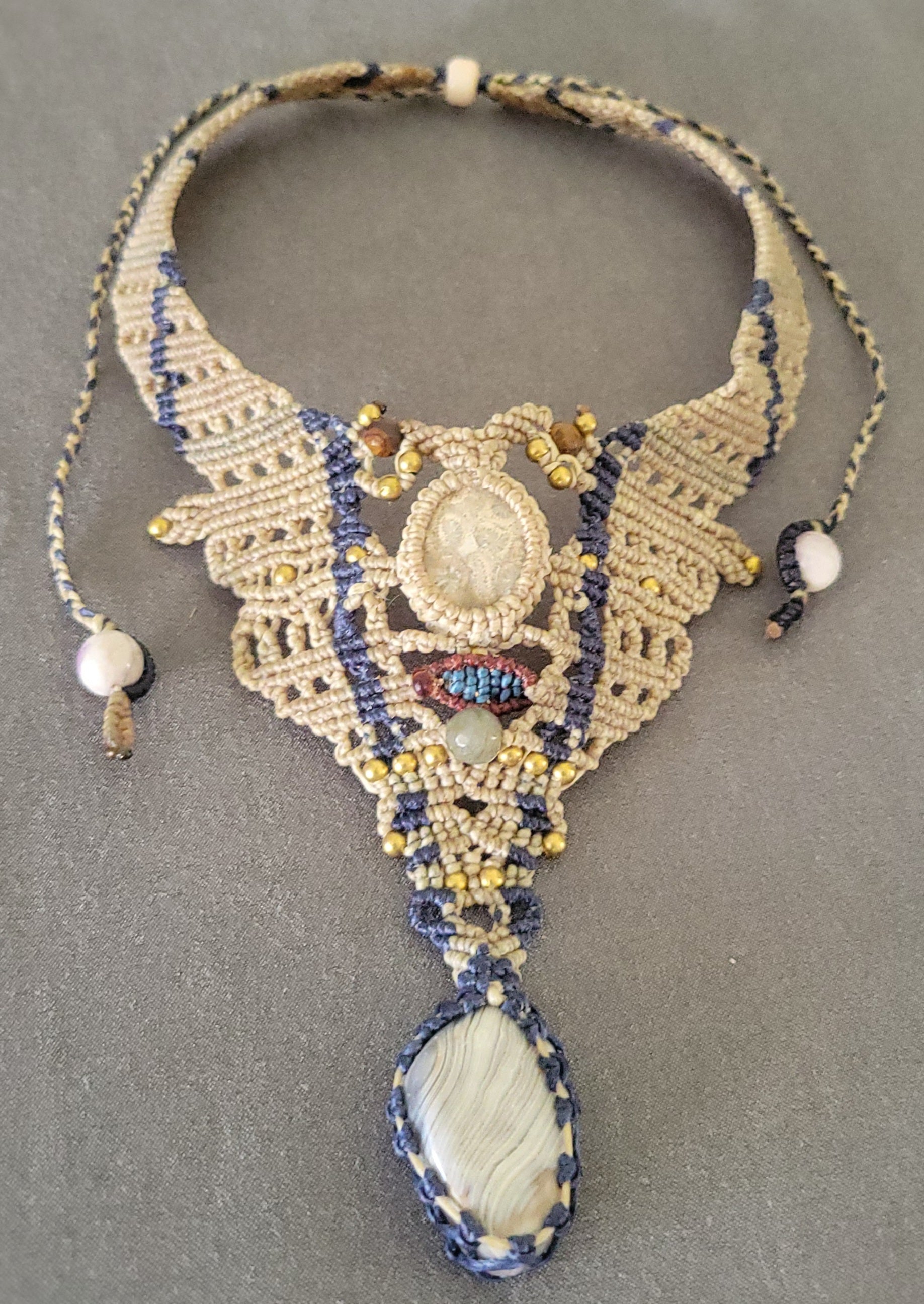 Ocean Jewelry - Fossil Ammonite & Agate Boho Luxe Choker with intricate micromacramé design and natural stone accents.