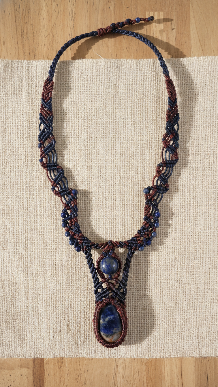 Sodalite Necklace – Celtic Woven Boho Pendant Design with natural blue sodalite stone and lapis lazuli beads.