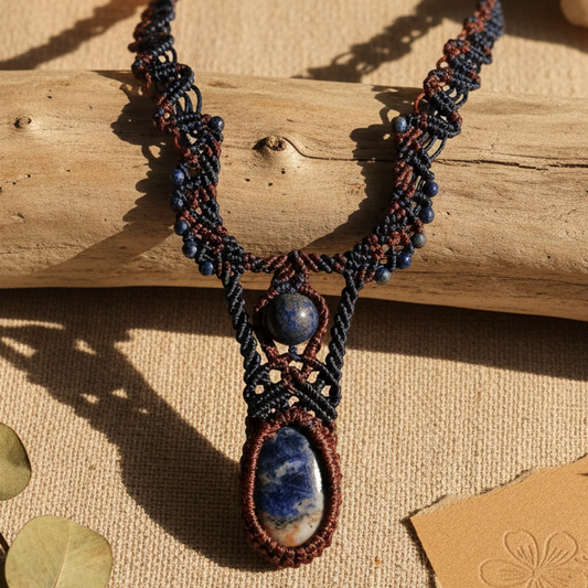Sodalite Necklace – Celtic Woven Boho Pendant Design with natural blue sodalite stone and lapis lazuli accent