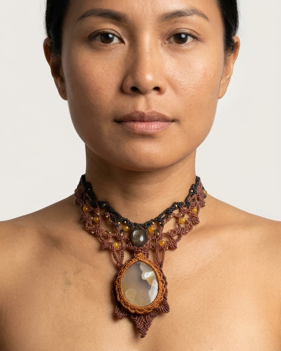 Agate Pendant displayed on model, featuring macramé design and natural agate stone for ocean-themed jewelry.