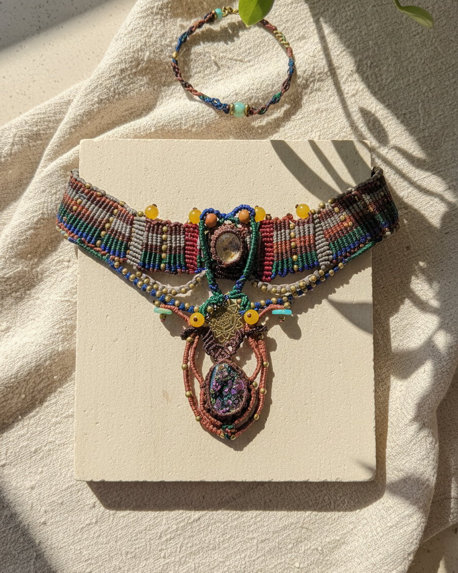Titanium Aura Pendant – Sacred Geometry Spiritual Choker displayed with intricate micromacramé design and colorful accents.