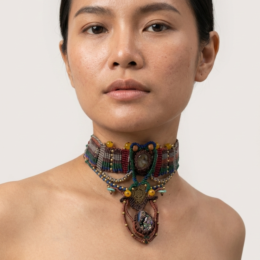 Titanium Aura Pendant – Sacred Geometry Spiritual Choker worn elegantly, showcasing intricate micromacramé design and colorful accents.