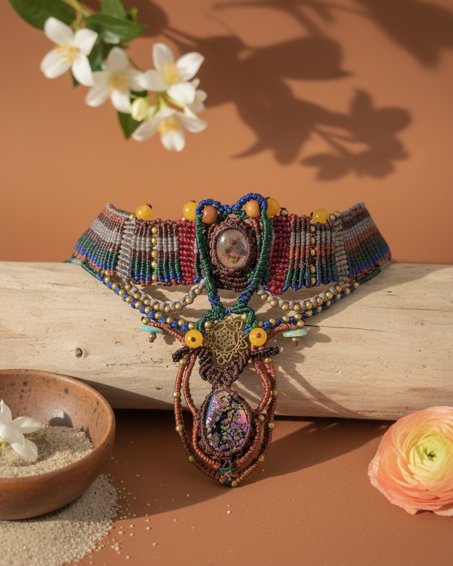 Titanium Aura Pendant – Sacred Geometry Spiritual Choker featuring intricate micromacramé and vibrant stone accents.