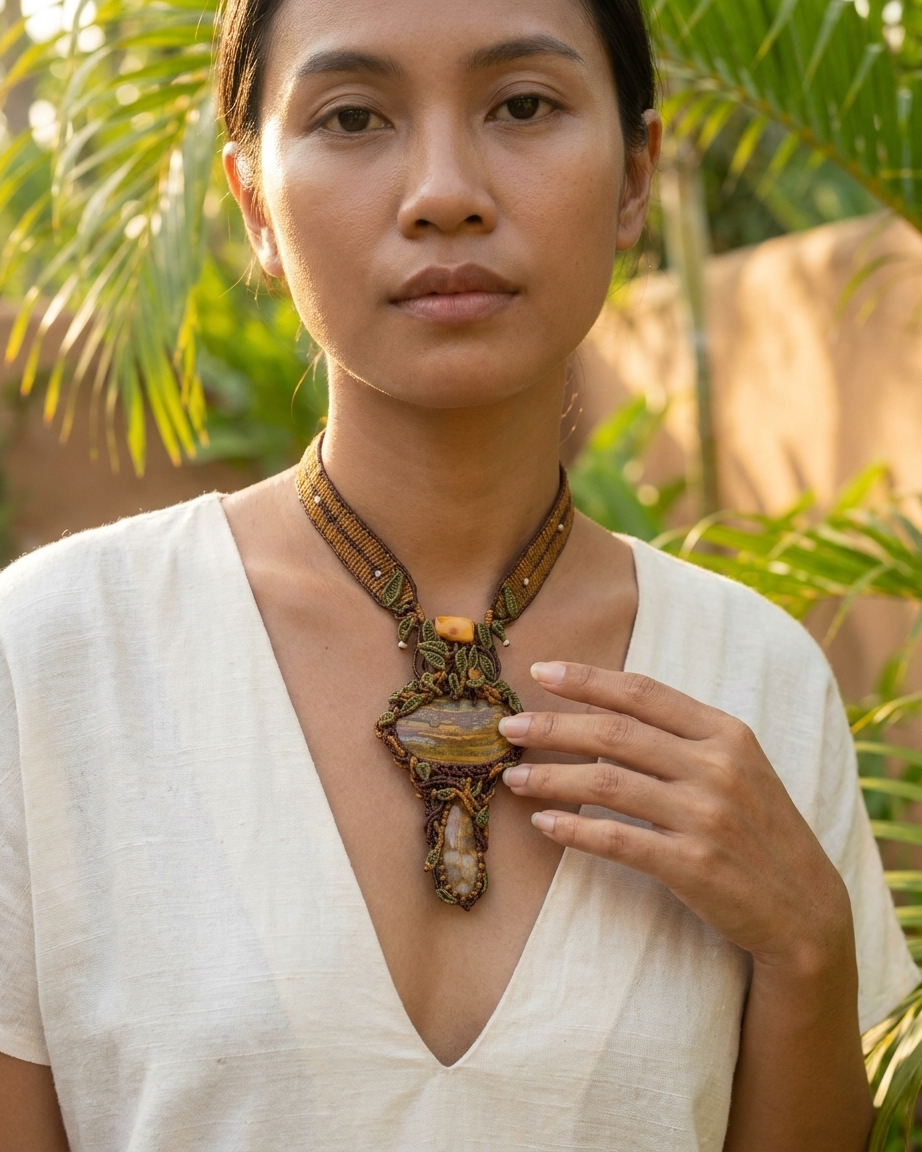 Woman wearing a Tiger’s Eye Pendant featuring natural iron tiger's eye and fossil coral on a micromacramé choker.