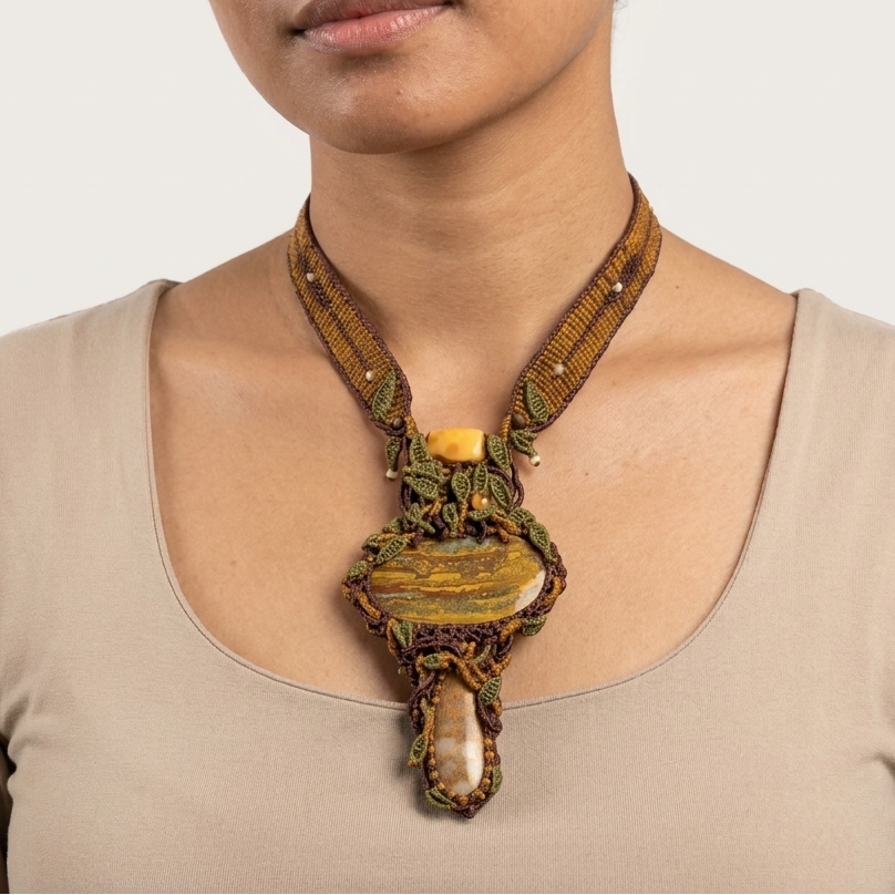 Tiger’s Eye Pendant featuring natural iron tiger’s eye stone and ornate micromacramé choker design.