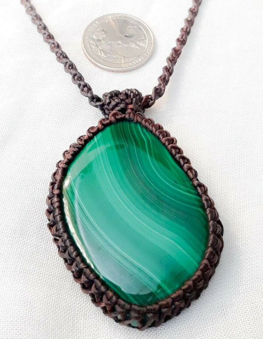Malachite Stone Pendant Necklace - Adjustable Waxed Cord - Stone of Balance & Abundance - Boho Hippie Jewelry