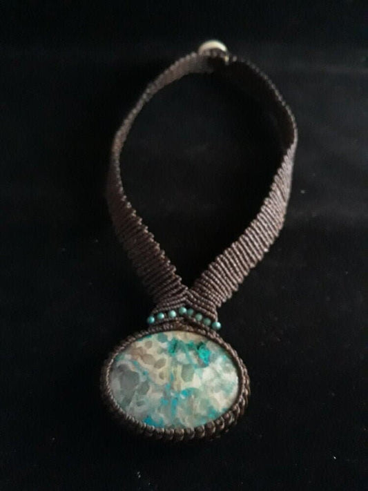 Blue & White Amazonite Pendant Necklace - Oval Stone - Micro-Macrame Boho Hippie Jewelry - Handcrafted Earthy Design