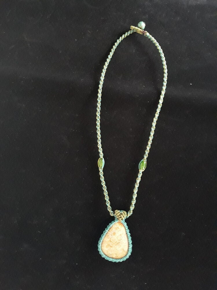 “Reef Echo” – Fossilized Pink Coral Pendant Necklace, Blue & Green Macramé with Beads, 42 cm (16.5 in), Ethically Sourced
