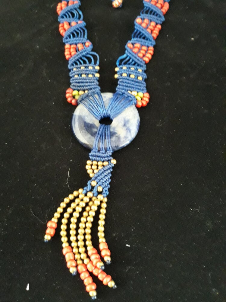 Sodalite Ring Pendant Necklace with Brass and Red Coral Beads – Micromacrame Design