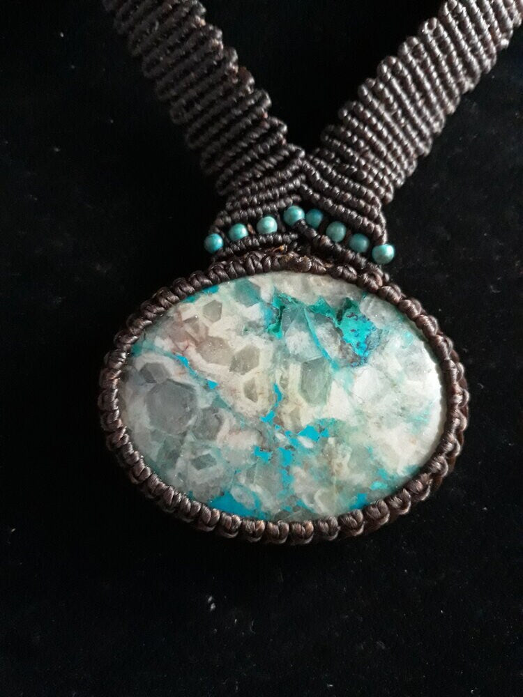 Blue & White Amazonite Pendant Necklace - Oval Stone - Micro-Macrame Boho Hippie Jewelry - Handcrafted Earthy Design