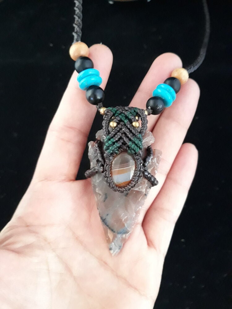 Handcrafted Jasper Arrowhead Pendant Necklace – 66cm Macrame Design with Agate and Assorted Beads