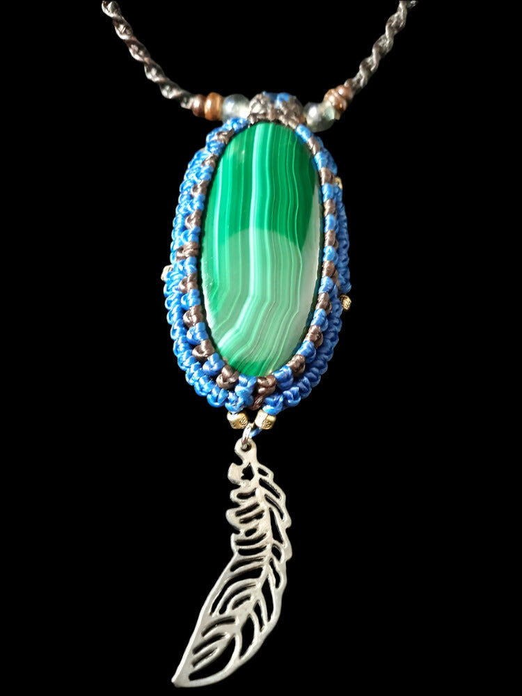 Malachite Macrame Neclace with Cute Feather Pendant