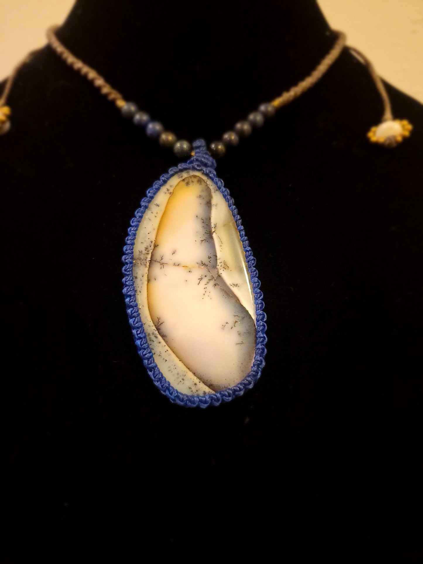 White Dendritic Opal Pendant Necklace - Black Accents & Lapis Lazuli Beads - Elegant Spiral Wrap - Boho Hippie Jewelry